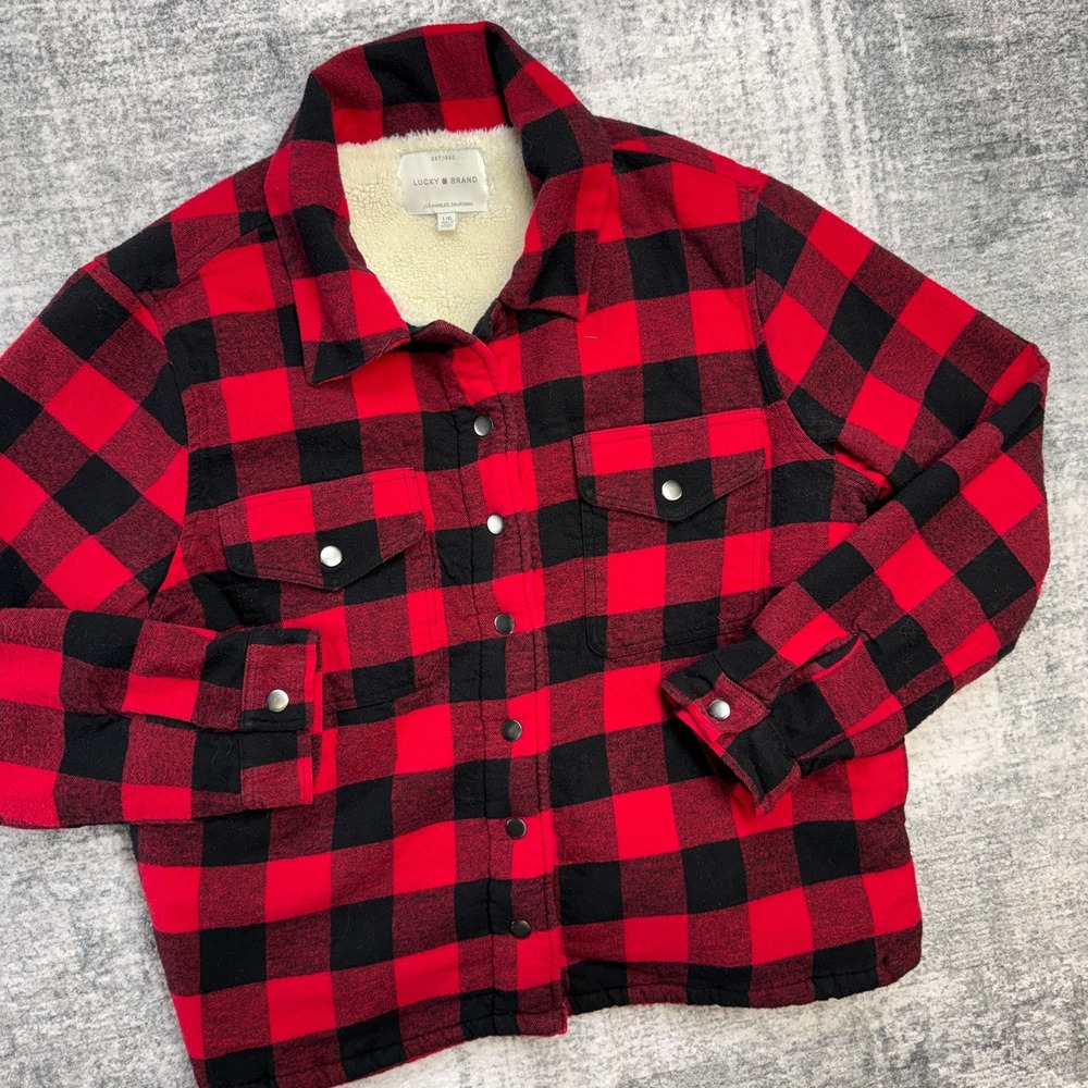 Lucky Brand Shirt‎ Jacket Womens Large Red Buffalo Check Sherpa Lined Shacket